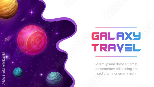 Galaxy travel. Space landing page with paper cut space landscape, cartoon fantasy planets, stars and asteroids. Vector template of galaxy exploration and astronomy science website landing page