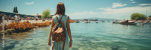Tourist lady watching a decking harbor infront of her backward to the camesa 
