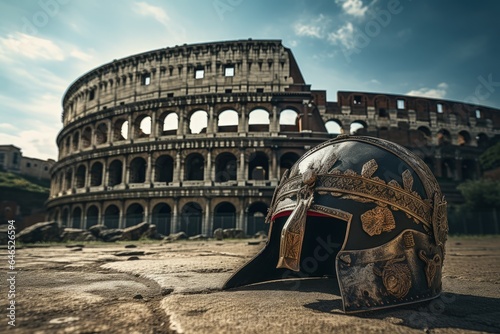 Gladiator helmet on the ground, coliseum in the background, history and fantasy concept. Generative AI photo