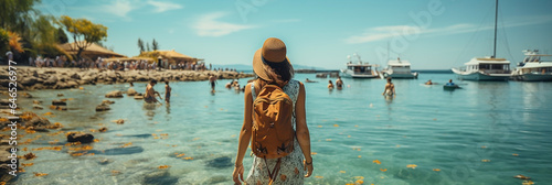 Traveler web banner with a cute lady backward the camera and looking at a deck of a lake 