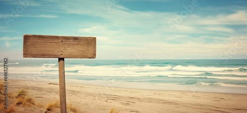 Tropical landscape with wooden sign on the beach, sky and beautiful sea in the background. Generative AI