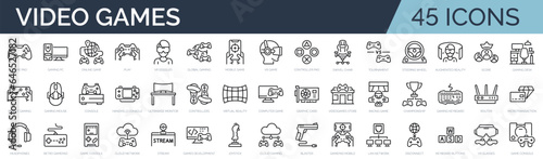 Set of 30 outline icons related to video games, online gaming. Linear icon collection. Editable stroke. Vector illustration