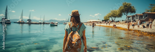 Wide banner of a tourist lady in holiday trip wearing frock, backpack and a hat looking at a clear water lake and blue sky with few clouds 
