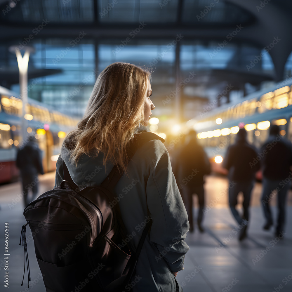Woman from behind standing at the bus station with people around in motion blur Woman from behind standing at the bus station with people around in motion blur