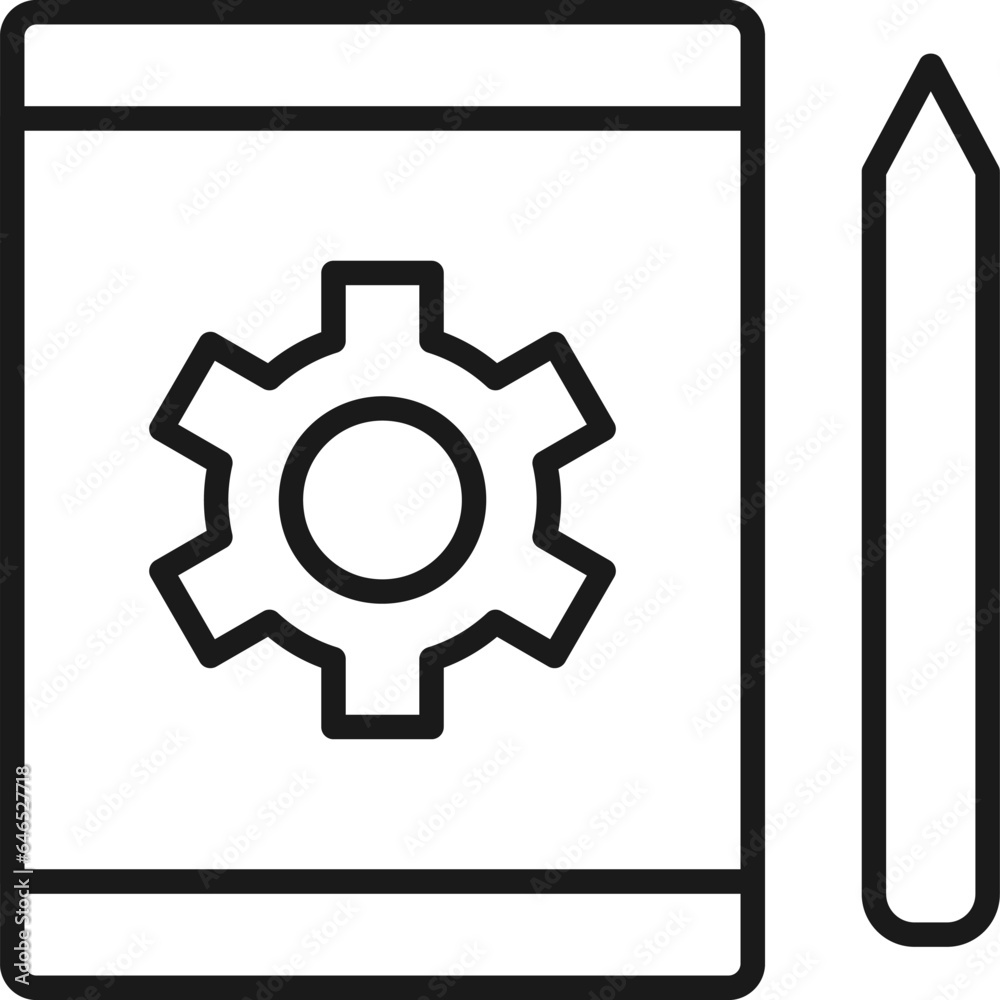 Gear or Cogwheel on Tablet Isolated Line Icon. Perfect for web sites, apps, UI, internet, shops, stores. Simple image drawn with black thin line Gear or Cogwheel on Tablet Isolated Line Icon. Perfect for web sites, apps, UI, internet, shops, stores. Simple image drawn with black thin line