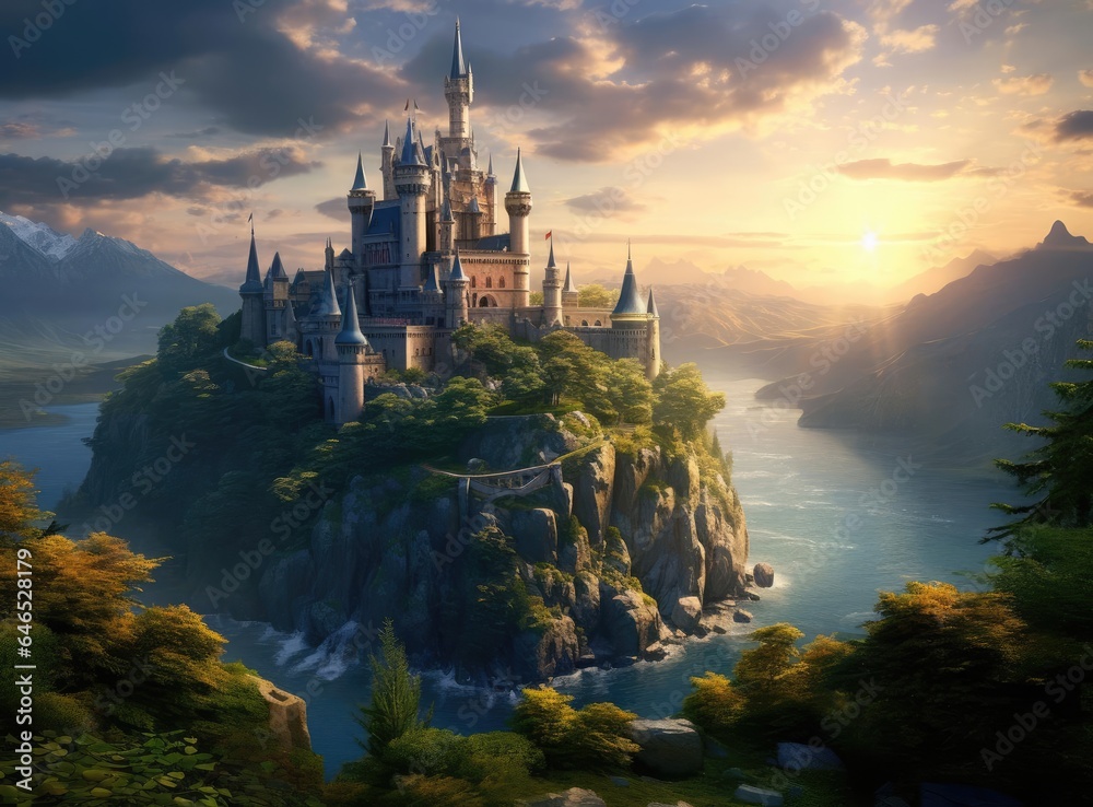 Beautiful fairytale castle and river - obrazy, fototapety, plakaty 