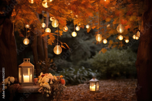 Lanterns hanging from tree branches  illuminating the garden with a warm glow. Autumn garden. Generative AI