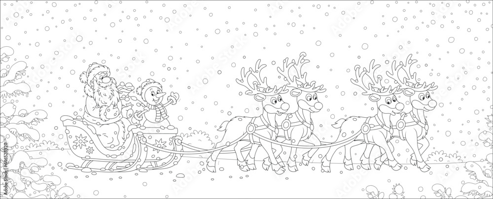 Obraz premium Santa Claus with a funny toy snowman and a large bag of Christmas gifts riding in their magic sleigh with reindeers through a snowy winter forest, black and white vector cartoon illustration