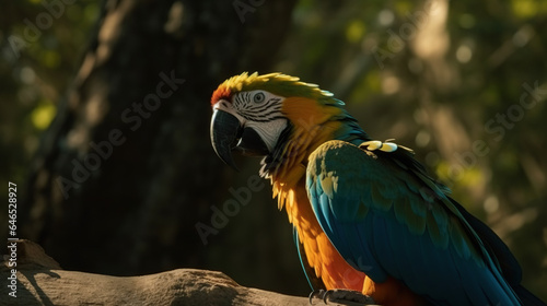 blue and yellow macaw standing in the zoo