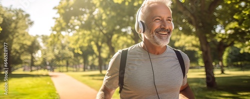A sporty older man running happily through an autumn landscape and headphones