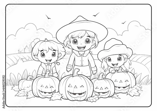 Coloring book page for children kids with scarecrow cartoon vector illustration printable autumn fall pumpkin Thanksgiving haystack leaves trees harvest acorn cornucopia season
