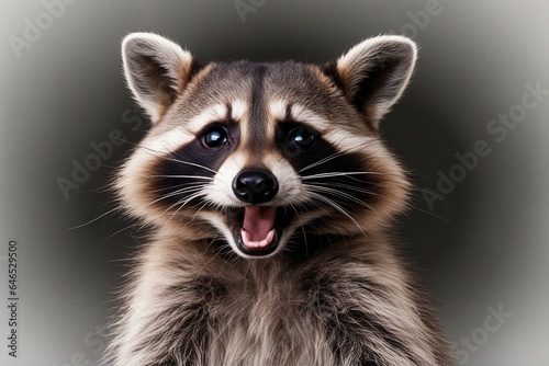 Portrait of a funny surprised raccoon close-up. A cute raccoon in jump isolated on a gray background