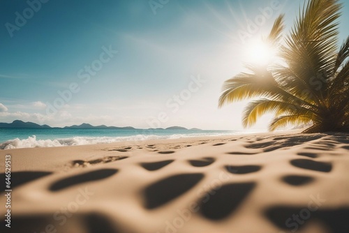 Summer background  nature of tropical beach with rays of sunlight. Golden sand beach  palm tree