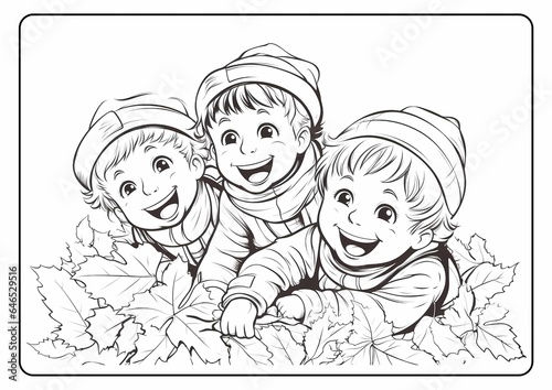 Coloring book page for children kids with scarecrow cartoon vector illustration printable autumn fall pumpkin Thanksgiving haystack leaves trees harvest acorn cornucopia season