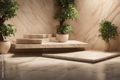 Beige marble platforms with shadows from tree foliage on the wall. Background for presentation