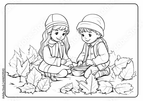 Coloring book page for children kids with scarecrow cartoon vector illustration printable autumn fall pumpkin Thanksgiving haystack leaves trees harvest acorn cornucopia season