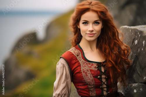 A Cheerful Irish Beauty Young Woman with Brown Eyes and Red Hair, Celtic Attire, Backdrop of the Cliffs of Moher with Ultra-Fine Details © Benasi Tharanga
