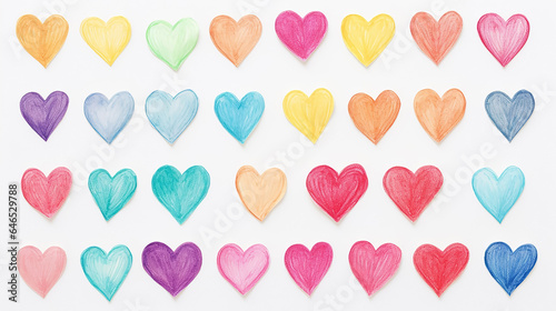 Color hearts set, illustration. Collection of colorful hearts on white background in pencil drawing, for design. Concept valentine's day, Love symbol.