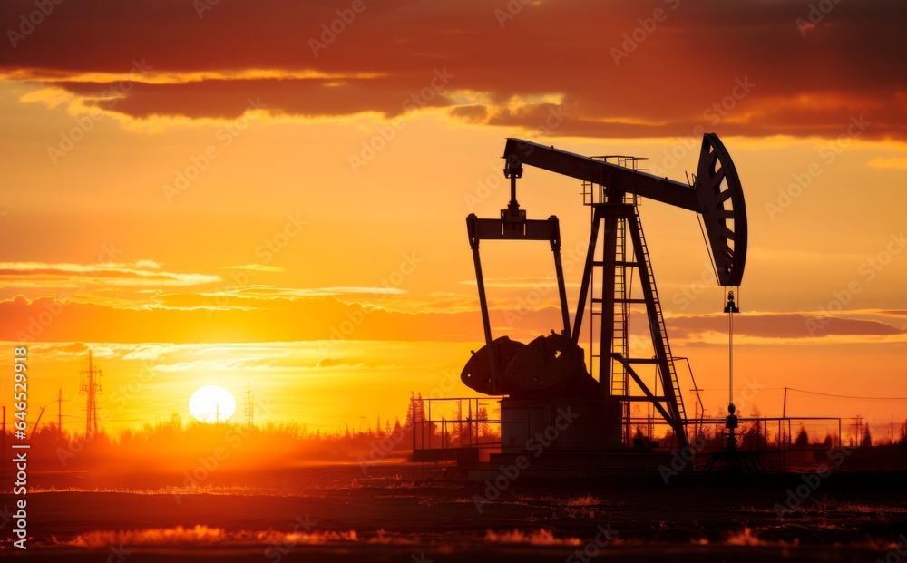 Drilling rig for extraction of fossil fuels and crude oil on the desert silhouette. Oil pump installation. 