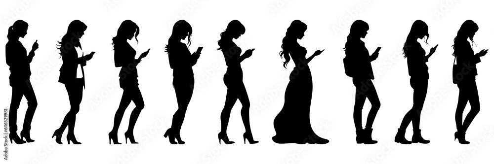 Woman with mobile phone silhouettes set, large pack of vector silhouette design, isolated white background