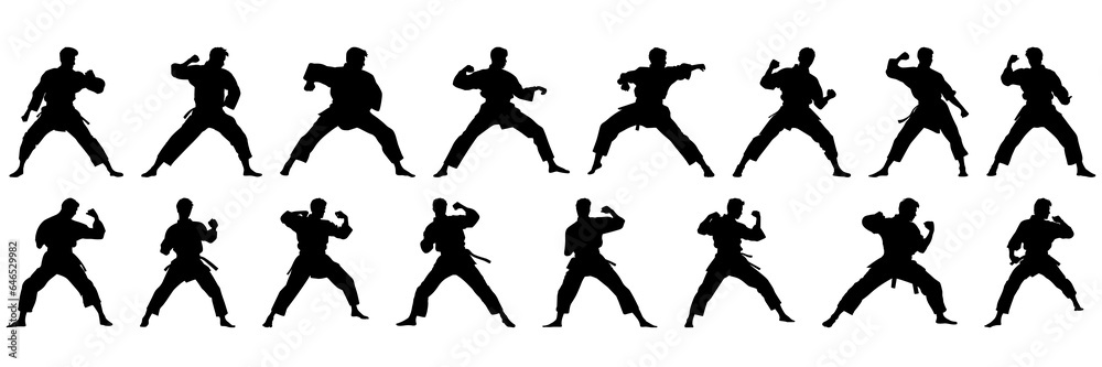 Kung fu karate taekwondo silhouettes set, large pack of vector silhouette design, isolated white background