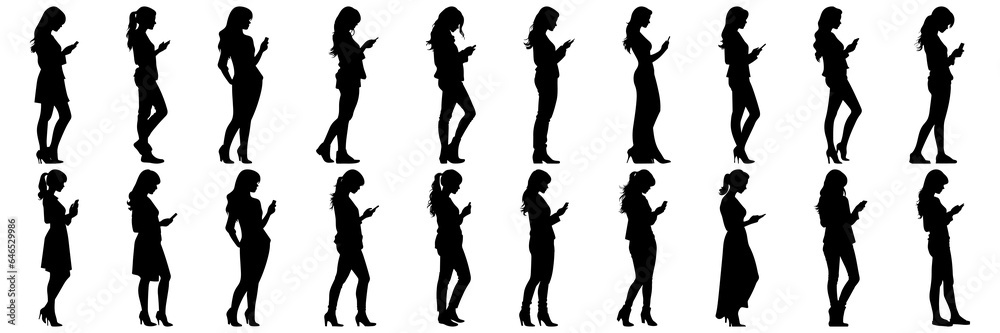 Obraz premium Woman with mobile phone silhouettes set, large pack of vector silhouette design, isolated white background