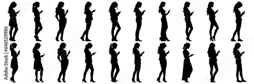 Woman with mobile phone silhouettes set  large pack of vector silhouette design  isolated white background