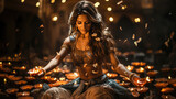 Graceful Diwali dance with diya glow. Indian classical art. Expressive movements.
