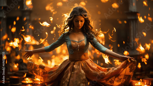 Graceful Indian dancer in traditional attire, bathed in diya's glow. 