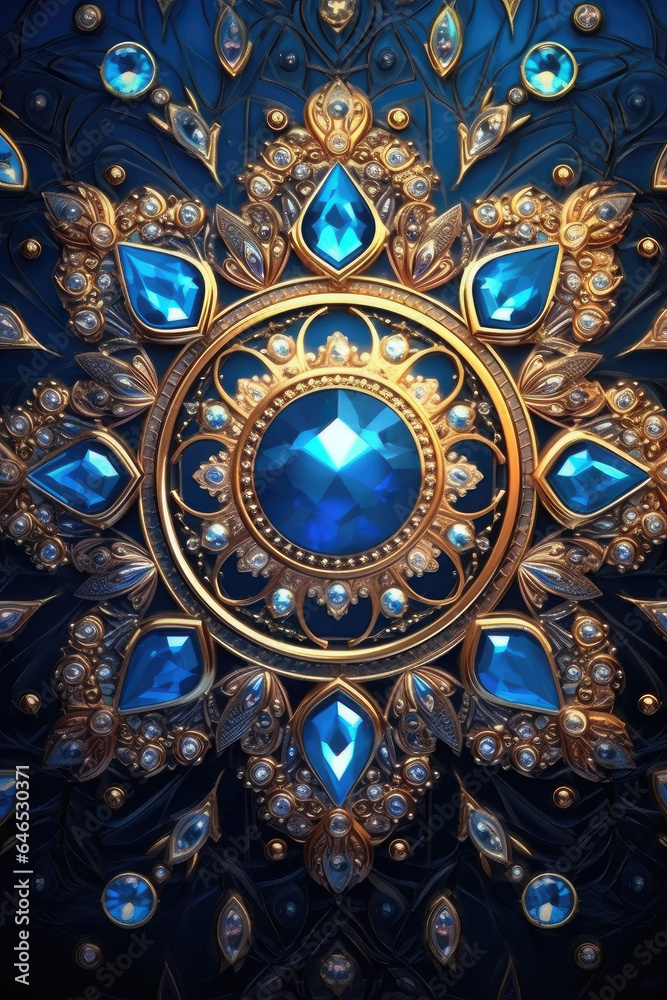 A blue fantasy card with a golden floral elements, Generative AI