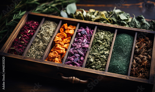 Herbs in a wooden box on the table. © Andreas