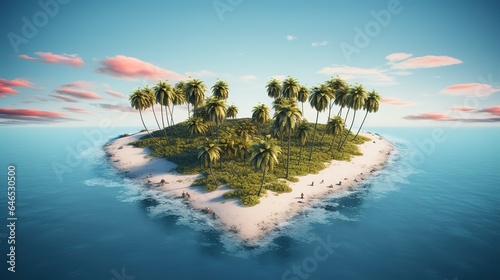 Tropical island in the ocean, Beautiful tropical beach with white sand, palm trees, turquoise ocean against blue sky with clouds on sunny summer day © Rayhanbp