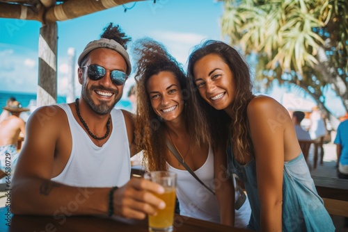 three friends at a beach bar smiling and happy enjoying each others company © Martin