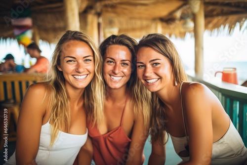 three friends at a beach bar smiling and happy enjoying each others company