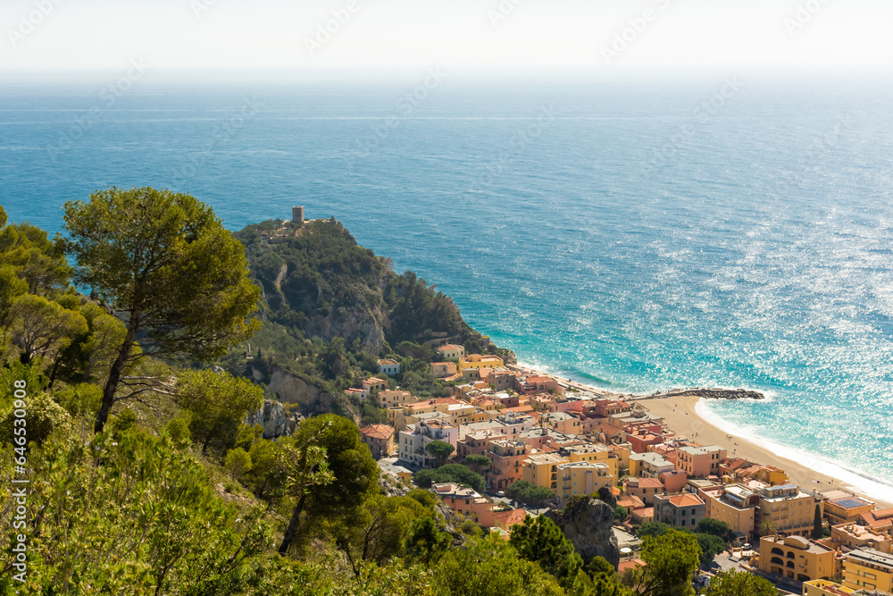 Beautiful view of Varigotti town and the Ligurian Sea from Sentiero del Pellegrino,  Italy