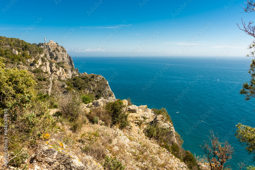 Beautiful aerial view of Saraceni Bay beach from Sentiero del Pellegrino, Liguria, Italy Beautiful aerial view of Saraceni Bay beach from Sentiero del Pellegrino, Liguria, Italy