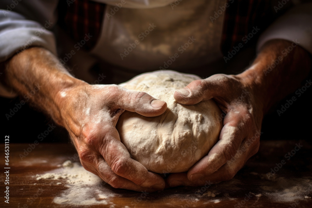 Close up on male hands kneading bread dough in a bakery. Concept motif on the subject of baking, crafts and bakery