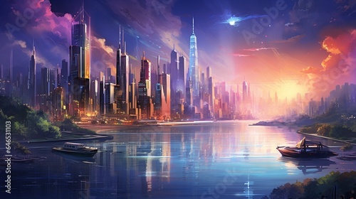 A bustling metropolis at twilight, with glistening skyscrapers and shimmering lights over the river