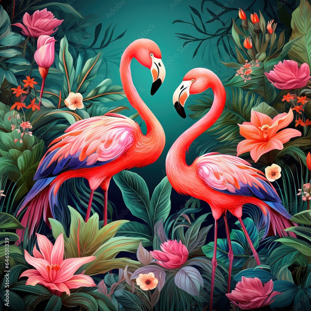 Obraz premium Pink flamingo in the water with Tropical decoration 