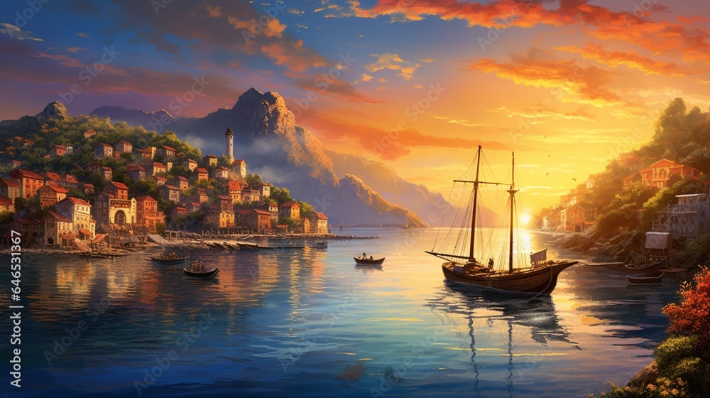 a charming coastal village in the midst of a vibrant sunrise, with fishing boats, golden skies, and the promise of a new day by the sea