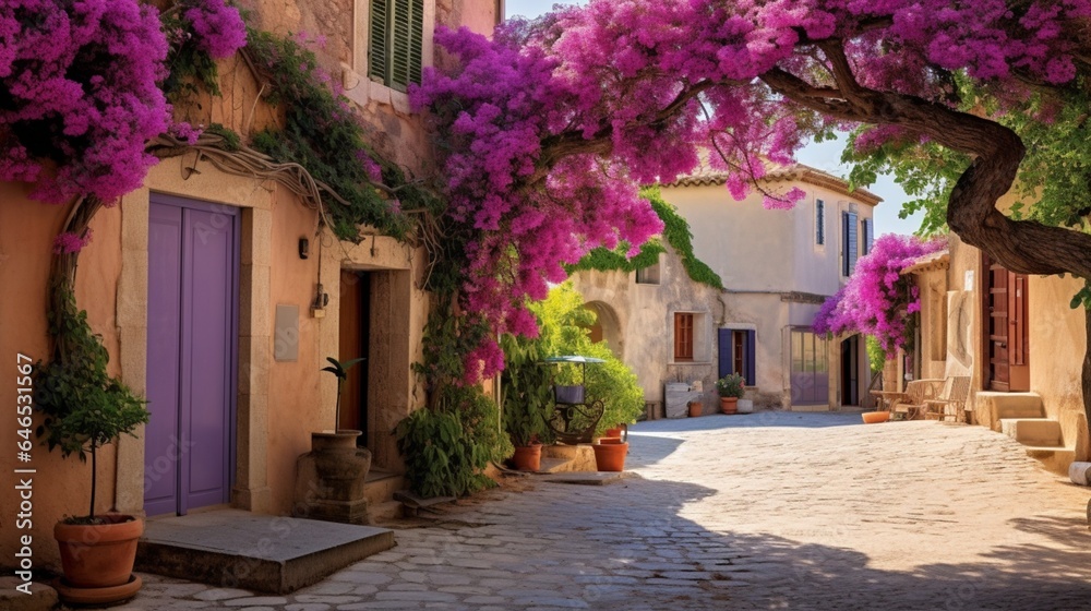 a charming village square in a Provencal town, with lavender fields, cobblestone streets, and the timeless charm