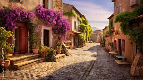 a charming village square in a Provencal town, with lavender fields, cobblestone streets, and the timeless charm
