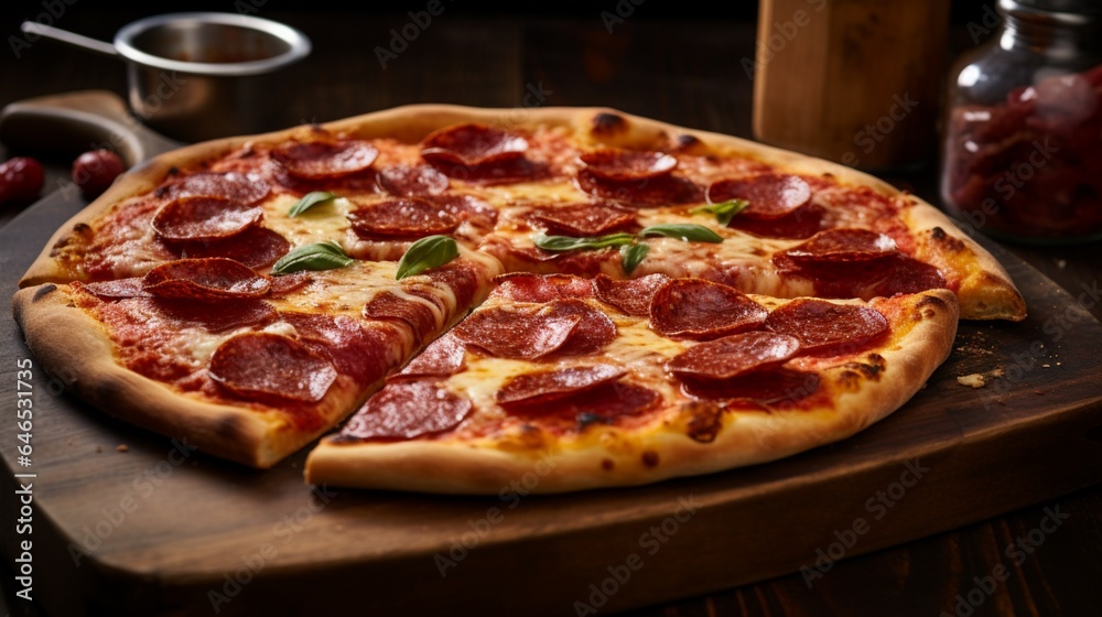 A classic pepperoni pizza, featuring perfectly melted cheese and crispy crust