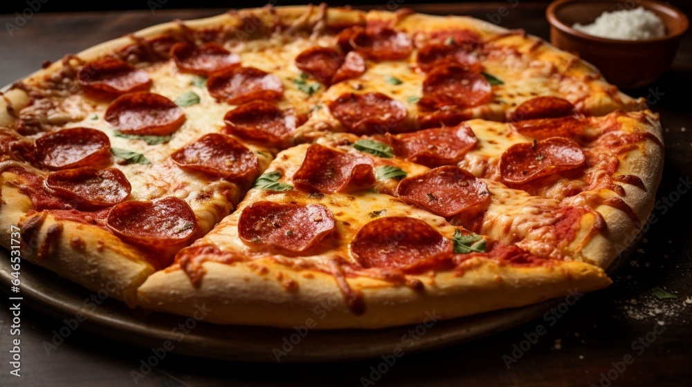 A classic pepperoni pizza, featuring perfectly melted cheese and crispy crust