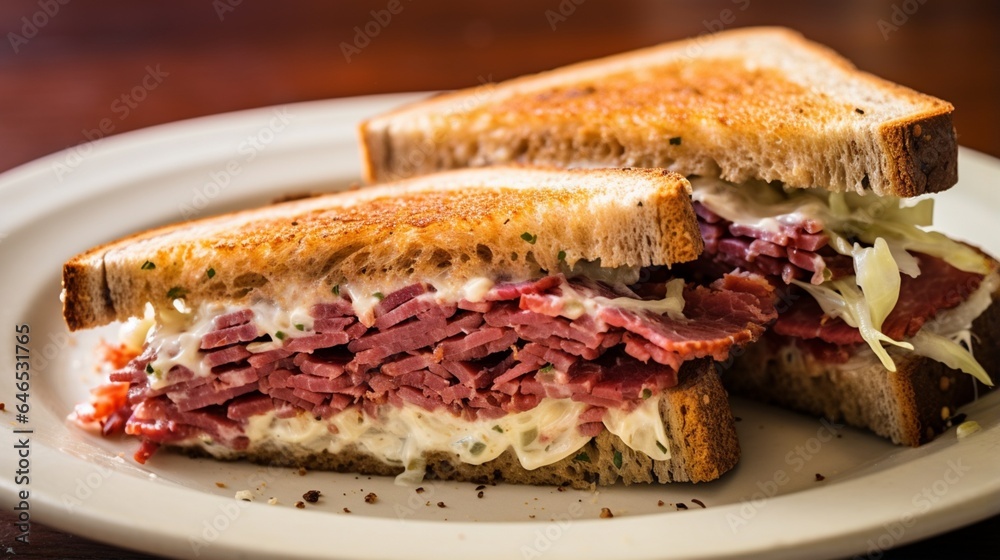 A classic Reuben sandwich, packed with tender corned beef - obrazy, fototapety, plakaty 