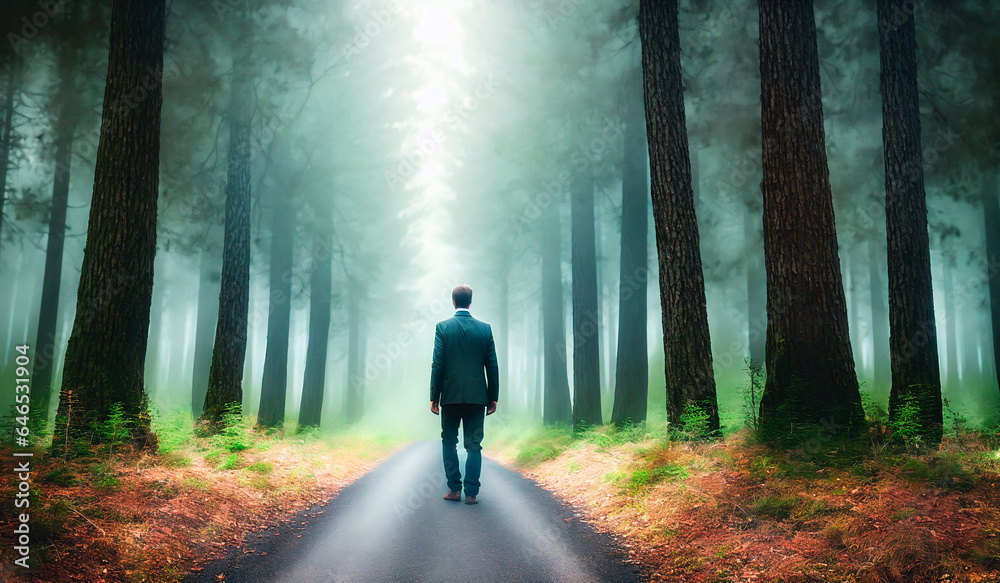 Businessman standing on the road in the forest with foggy background