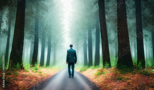 Businessman standing on the road in the forest with foggy background