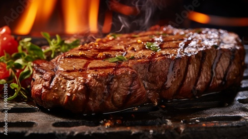 A close-up of a sizzling, juicy steak, cooked to perfection