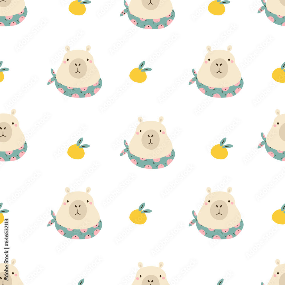 Obraz premium Seamless pattern with cute capybaras in neckpieces and oranges