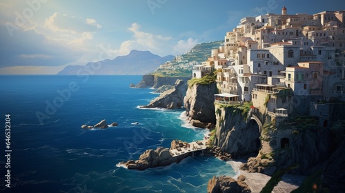 a coastal cliffside village, with whitewashed houses, dramatic cliffs, and the breathtaking views of the sea below